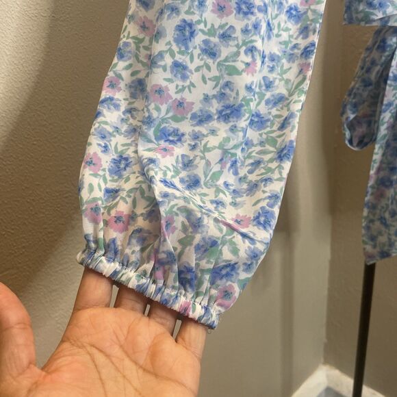 Japna White Blue Floral Pattern Long Puff Sleeve Back Tie Crop Top Blouse S - Picture 7 of 11